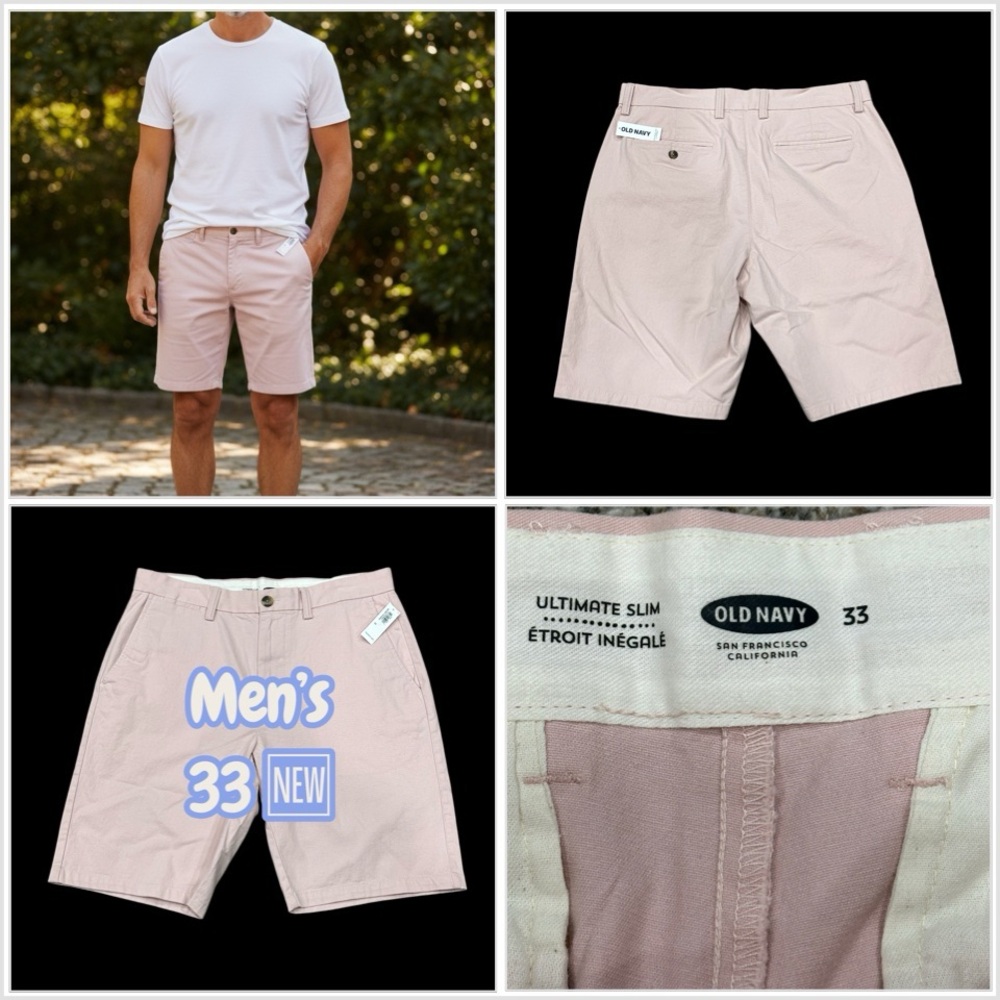 Mens Old Navy 33 Medium Khakis Chino Shorts Pink Stretch Ultimate Slim Twill NEW